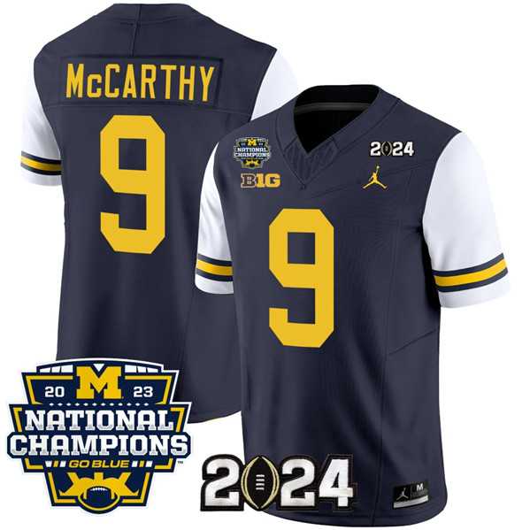 Mens Michigan Wolverines #9 J.J. McCarthy Navy White 2024 F.U.S.E. With 2023 National Champions Patch Stitched Jersey->michigan wolverines->NCAA Jersey